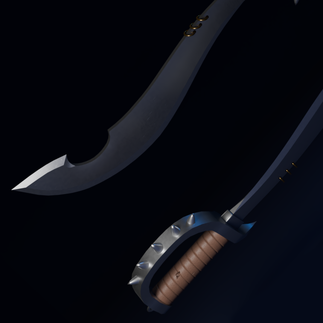 Twee kromzwaarden met vloeiende vormen.